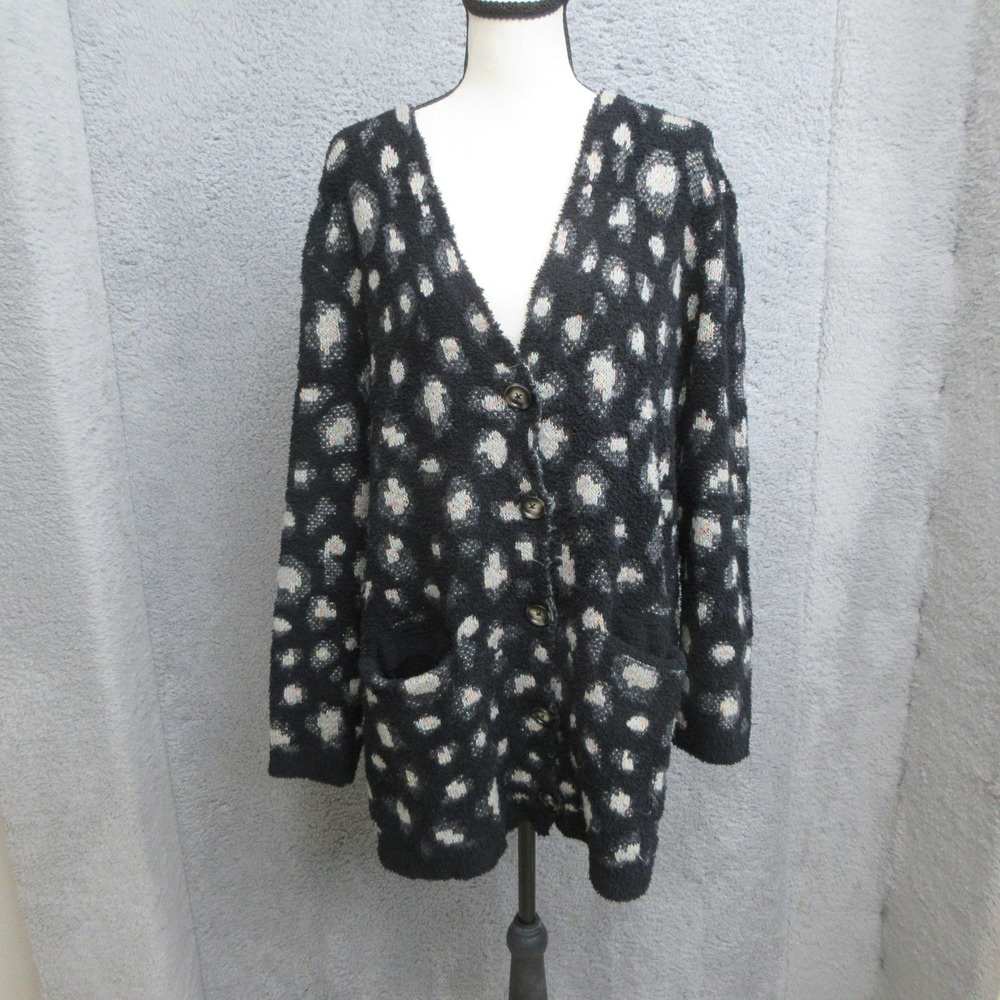 Democracy Leopard Print Fuzzy Longline Cardigan Sweater Womens M Black Pockets